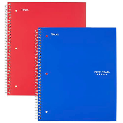 Five Star Spiral Notebooks, 2 Pack, 5-Subject, Wide Ruled Paper, 10-1/2" x 8", 200 Sheets, Cobalt Blue, Red (38410) - color: Blue, Red