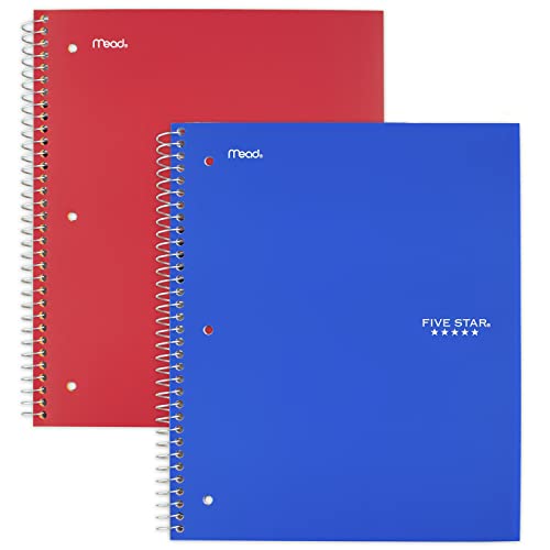 Five Star Spiral Notebooks, 2 Pack, 5-Subject, Wide Ruled Paper, 10-1/2" x 8", 200 Sheets, Cobalt Blue, Red (38410) - color: Blue, Red