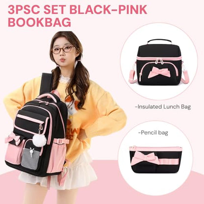 Girls School Backpack with Lunch Box Pencil Case Set, Cute Middle School Bag Teen Girls Backpack Bookbag for Kids, 3pcs Black Pink - color: 3pcs Black-pink