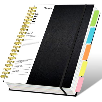 Hardcover Spiral Notebook with removable dividers 300 page,5 Subject Notebook 8"x10" B5 College Ruled Notebooks for Work Note taking，Lined Journal for Women (Black) - color: BLACK