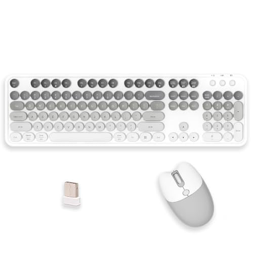 2.4G Full Size Wireless Keyboard and Mouse Combo, Bluetooth/2.4G Dual Mode, Typewriter Style Round Keycap, Cute Gradient Colors, Compatible with PC/Notebook/Tablet/Smartphone (Gray White) - color: Gray White