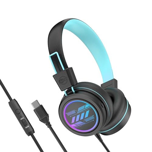 MEE audio KidJamz KJ55 Safe Listening USB-C Headphones for Children with Multicolor LED Lights, Volume Limiter, & Microphone; On-Ear Wired Kid Headset for iPhone 16, iPad, & USB Type C Devices (Black) - color: Black, style: USB-C Standard