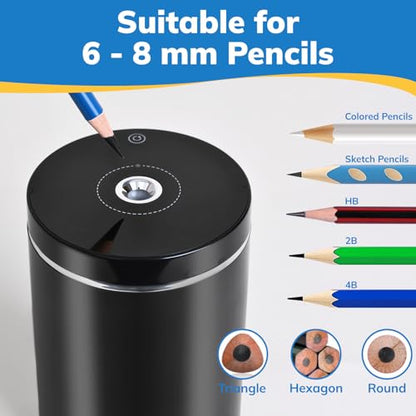 Fully Automatic Electric Pencil Sharpener, Rechargeable | Auto In and Out, Hands-Free for Standard 6-8mm Pencils, Perfect for Classroom and Home Use (Black and Silver) - color: Black & Silver