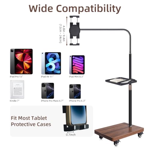 Rolling Tablet Holder Stand Adjustable Height & 360° Rotatable | 6.6LB Wood Base Mobile Tablet Mount, for Bed, Couch, Workout, Compatible with iPad Pro/Air/Mini, Phone (4.7-13")