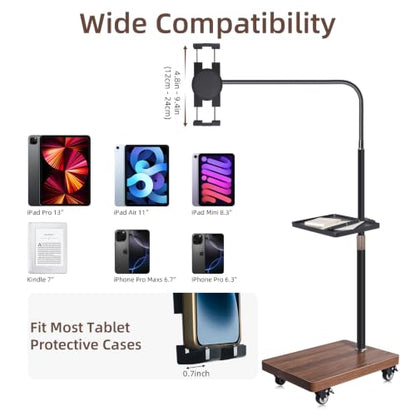 Rolling Tablet Holder Stand Adjustable Height & 360° Rotatable | 6.6LB Wood Base Mobile Tablet Mount, for Bed, Couch, Workout, Compatible with iPad Pro/Air/Mini, Phone (4.7-13")