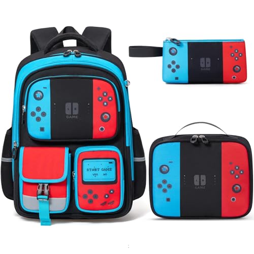 Fimibuke Kids Backpack for School Boys, 3 PCS Gamer Teen Boys Backpack with Lunch Box & Pencil Case, Gaming Bookbag for Kid Children Student Kindergarten Elementary Middle High School Travel Backpacks - color: Black