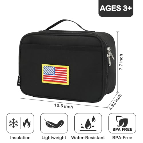 FlowFly Kids Lunch box Insulated Soft Bag Mini Cooler Back to School Thermal Meal Tote Kit for Girls, Boys, Black Free USA Flag Patch Included - color: Black With Flag