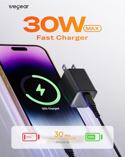 wegear 30W Compact Wall Charger, USB C Charger Block with GaN III Tech, PD3.0 PPS QC4.0 Fast Charging Foldable Power Adapter for iPhone 17 16 15, Galaxy, Pixel, iPad, AirPods(Black with Cable, 2 Pack) - color: Black, size: 2 Pack+Cables