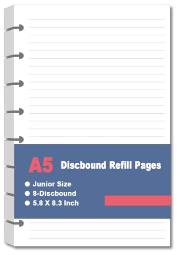 Junior Size Refills Paper - 8 Discs Discbound Paper, A5 Loose Leaf Paper for TUL Custom Note-Taking System Discbound Notebook Planner Inserts, 100 Sheets/200 Pages, College Ruled, 5.8 X 8.25 Inch