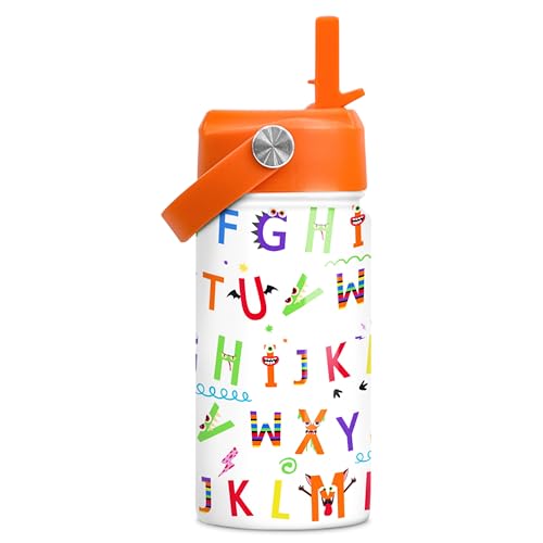 SANDJEST Kids Water Bottle with Straw Lid - 12 Oz Alphabet Insulated Stainless Steel Water Bottles for Kid Girl Boys - Travel Cup for School Sports - color: Alphabet