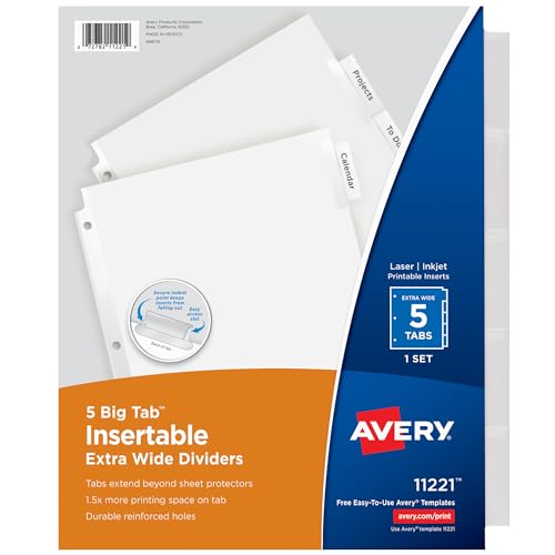 Avery Extra-Wide Big Tab Insertable Dividers for 3 Ring Binders, 5 Tab Set, White Paper, Clear Tabs, Works with Sheet Protectors, 1 Set (11221) - color: Clear, size: 5 tab, style: 1 Set