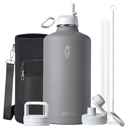 Coolflask 128 oz Gallon Water Bottle Insulated with Straw & 3 Leakproof Lid | Large Water Jug Stainless Steel Triple-Wall, Cold 48+h/Hot 24+h, Dishwasher Safe, BPA-Free, for Outdoor Gym & Hiking - color: Dark Gray, size: 128 Ounces