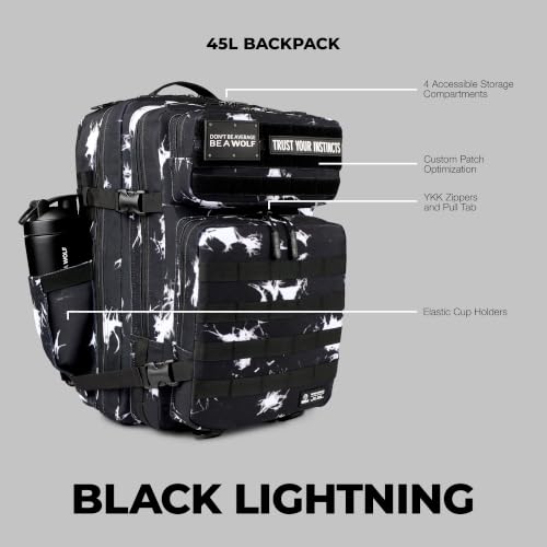 WOLFpak 45L Athletic Gym Backpack - Durable 1000D Waterproof Oxford Material with MOLLE Webbing, Laptop Pocket - color: Black Lightning