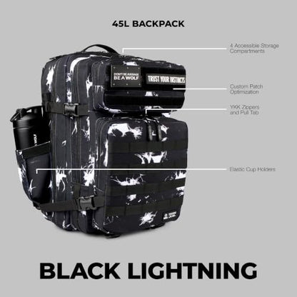 WOLFpak 45L Athletic Gym Backpack - Durable 1000D Waterproof Oxford Material with MOLLE Webbing, Laptop Pocket - color: Black Lightning