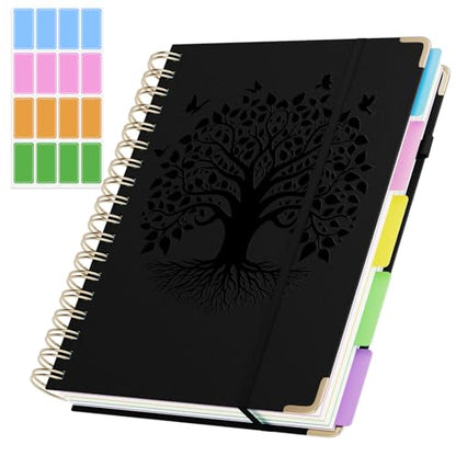 QIYVLOS Hardcover Spiral Notebook, B5 Journal with Removable Dividers Tabs, 5 Subject Notebook College Ruled, 320 Pages 8"x10" Leather Notebooks for Work School Study, Lined Journal for Women, Black - color: B5/Black