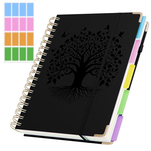 QIYVLOS Hardcover Spiral Notebook, B5 Journal with Removable Dividers Tabs, 5 Subject Notebook College Ruled, 320 Pages 8"x10" Leather Notebooks for Work School Study, Lined Journal for Women, Black - color: B5/Black