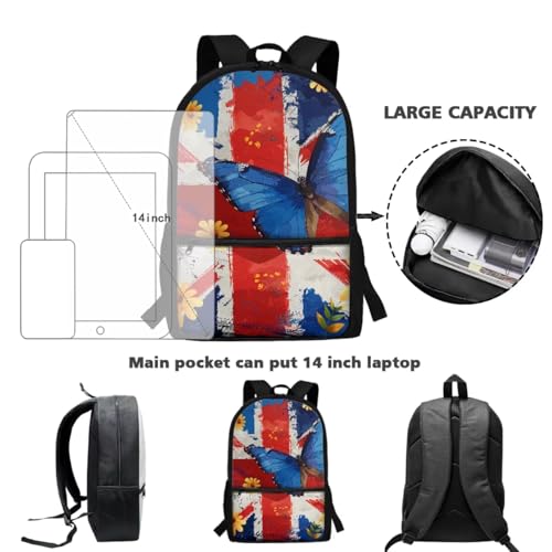 CLOHOMIN Butterfly Kids Bookbag and Lunch Box Set for Girls 5-8, 3 in 1 The Union Jack Backpack with Lunch Bag + Water Bottle Sleeve 17 Inch Schoolbag for Boys 4th Grade Insulated Lunch Tote - color: Butterfly the Union Jack