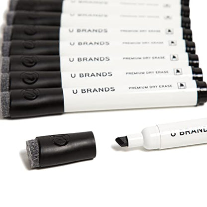 U Brands 드라이 지우개 마커, 파인 팁 화이트보드 마커, 끌 팁, 적은 냄새, 지우개 캡이 있는 블랙 드라이 지우개 마커 세트, 사무실 학교 교실 용품, 12개입 - color: 블랙.