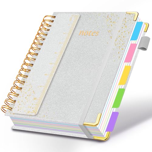 Hardcover Spiral Notebook with Removable Dividers & Tabs, 8"x10" 5 Subject Notebooks for Work, 300 Pages College Ruled Notebook, B5 Sparkle Lined Journal for Women Girls Note-Taking (Silver) - color: Silver, size: 8''x 10''
