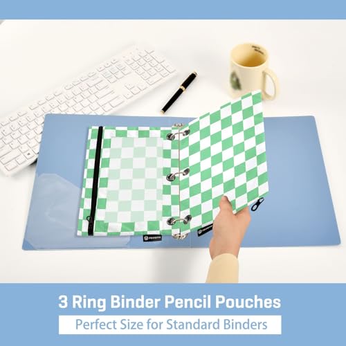 Green-White Lattice Pencil Pouch for 3 Ring Binder with Zipper 2 Pack Binder Pouches Cosmetic Bag with Clear Window - color: multi-p2