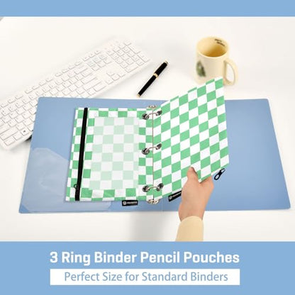 Green-White Lattice Pencil Pouch for 3 Ring Binder with Zipper 2 Pack Binder Pouches Cosmetic Bag with Clear Window - color: multi-p2