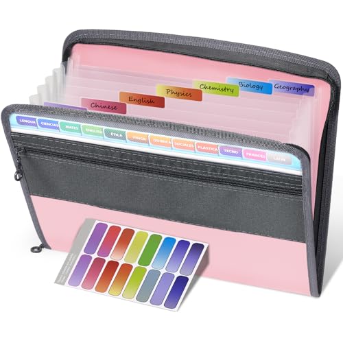 Sooez Accordion File Organizer with Safe Zipper, 8 Pocket Expanding File Folder with Front Pencil Pouch, Portable Monthly Paper Bill Tax Receipt Organizer, School Office Supplies, Light Pink - color: Light Pink, style: 8 Pockets