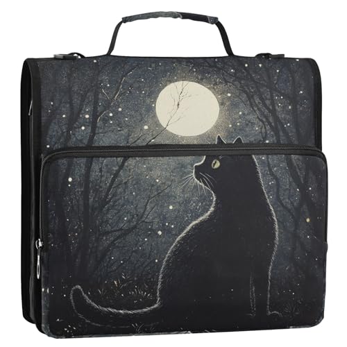 ALAZA Cat at Night Zipper Binder 1.5 inch 3 Ring Binder Organizer with Shoulder Strap and Handle for Home Office Work