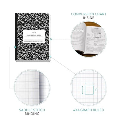 Alitte Composition Notebooks 4-Pack | 4x4 Graph Ruled, 200 Pages (100 Sheets) | Black Marble Smooth Thick Pages | 9.75x7.5 | School Notebooks, Writing Pads - size: 4 Pack, style: Graph Ruled