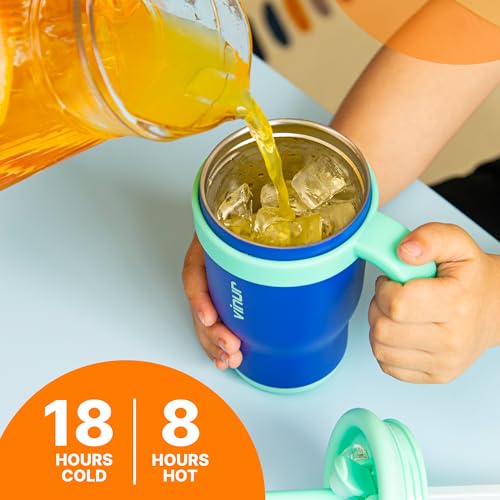 VINUR Kids Insulated Tumbler with Handle 14 oz Stainless Steel Double Wall Vacuum Travel Water Drink Cup with Lid and Straw (Navy) - color: Navy, size: 14 Ounces