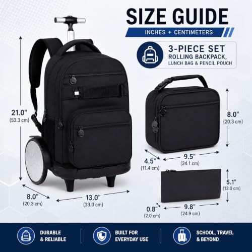 3Pcs Large Rolling Backpack for Teen Boys Men, 20 Inch Detachable Wheeled Bookbag with Lunch Box, Durable Oxford Cloth Roller Backpack for College School Travel (Black) - color: Large Wheels Classic Black