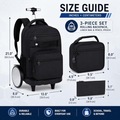 3Pcs Large Rolling Backpack for Teen Boys Men, 20 Inch Detachable Wheeled Bookbag with Lunch Box, Durable Oxford Cloth Roller Backpack for College School Travel (Black) - color: Large Wheels Classic Black