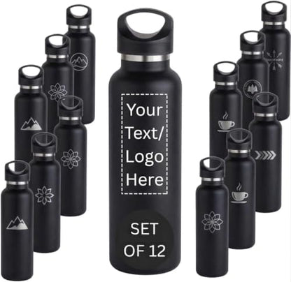 CUSTOM PRINTED 20 oz Vacuum Insulated Water Bottles Set of 12, Personalized Stainless Steel Water Bottle with Logo, Double Wall Copper Lined Insulated Bottle, Leak Resistant Narrow Mouth (Black) - color: Black
