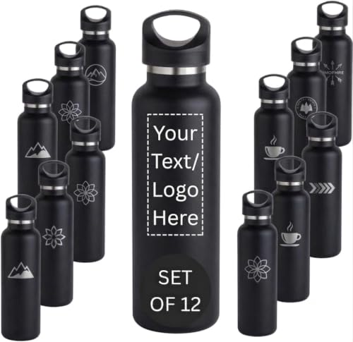 CUSTOM PRINTED 20 oz Vacuum Insulated Water Bottles Set of 12, Personalized Stainless Steel Water Bottle with Logo, Double Wall Copper Lined Insulated Bottle, Leak Resistant Narrow Mouth (Black) - color: Black