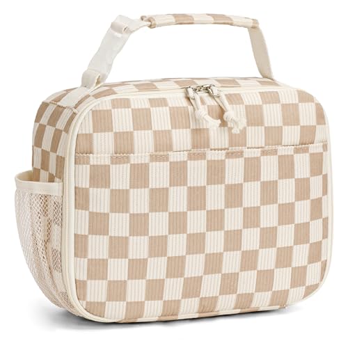 Corduroy Lunch Bag for Women Kids Small Insulated Lunch Box Girls | Cute, Handle with Buckle, PEVA Lining, Keeps Food Fresh Hours, Holds Containers Bottles Utensils, for School Work Travel - color: Khaki Checkered
