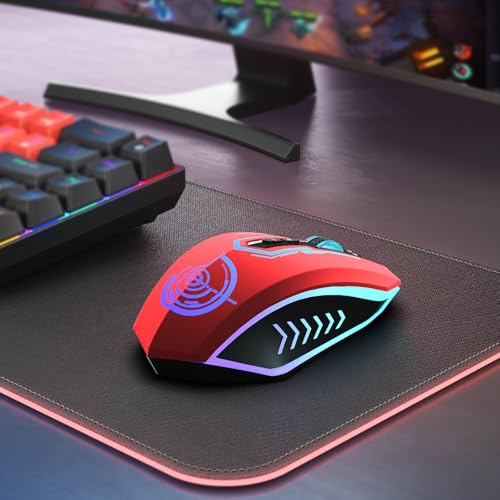 UHURU Gaming Mouse, Wireless Gaming Mouse with 7 Buttons 7 Changeable LED Color up to 12000 DPI, Rechargeable USB Gamer Mouse for PC Laptop (Red) - color: red