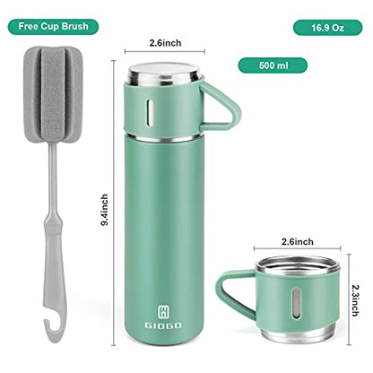 Stainless Steel Thermo 500ml/16.9oz Vacuum Insulated Bottle with Cup for Coffee Hot drink and Cold drink water flask.(Green,Set) - color: Green (Set), size: 16.9 Ounces