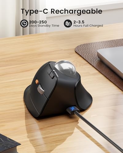 ProtoArc Wireless Trackball Mouse, EM05 NL Vertical Bluetooth Ergonomic Rollerball Thumb Mouse Rechargeable Laptop Mice, 3 Device Connection, Compatible with iPad, Mac, Windows-Silver - color: Silver