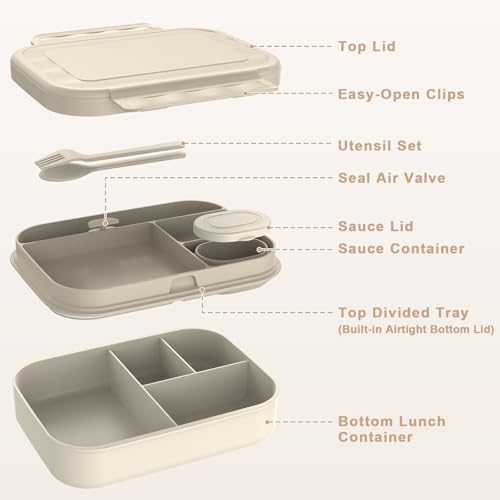 Caperci Stackable Bento Lunch Box for Adult & Teens - Reinforced Leak-Proof Lunch Container 4-Compartment with Utensils & Sauce Container, BPA-Free, Dishwasher/Microwave Safe, 47oz (Pale Mocha) - color: Pale Mocha