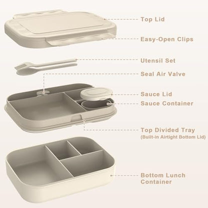 Caperci Stackable Bento Lunch Box for Adult & Teens - Reinforced Leak-Proof Lunch Container 4-Compartment with Utensils & Sauce Container, BPA-Free, Dishwasher/Microwave Safe, 47oz (Pale Mocha) - color: Pale Mocha