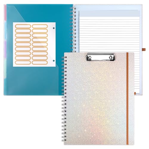Glitter Clipboard Notebook with Storage for Letter Size, 8.5 x 11 Notepad Holder with 5 Folders and Dividers, Size 12.8X 9.7 in, Spiral Portfolio for Nursing Teacher School Supplies,White - color: White
