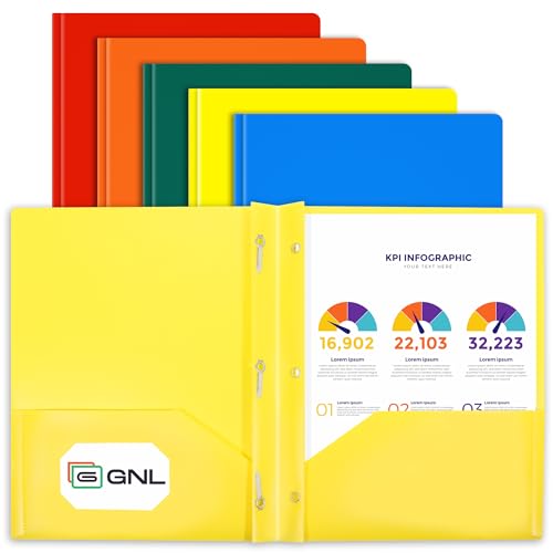 GNL Plastic Folders with Pockets and Prong, Pack of 5, Colored Heavy Duty 2 Pocket File Folders Letter Size, Folders with Prongs for School, Home, and Office - color: General Colors, style: 5-Pack