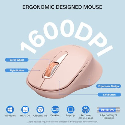 PHILIPS Wireless Keyboard and Mouse Combo-Ergonomic Keyboard and Mouse Wireless Combo with Silent Design,Plug n' Play,Sleep Mode and 2.4GHz Keyboard for Mac, Windows, Laptop-Pink - color: Pink
