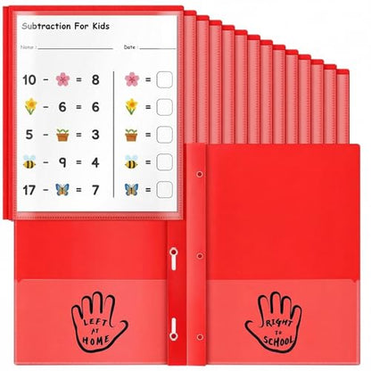 Henoyso 48 Pcs Plastic Folders with Clear Front Pockets and Prongs School to Home File Organizer Plastic Folder for Back to School Parent Teacher Communication Homework Office (Red)