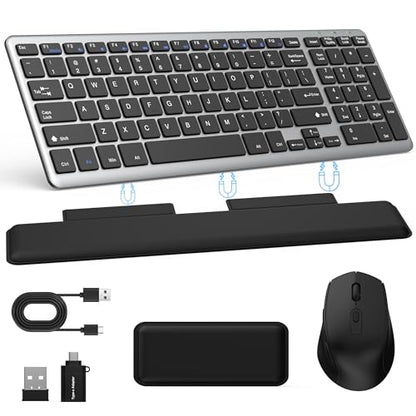Ultra Slim Quiet Silent Wireless Keyboard and Mouse Combo with Magnetic Wrist Rest, Rechargeable Quiet Full-Size Keyboard and Mouse Combo Set Ultra Slim Design for Computer, Mac, Laptop, PC