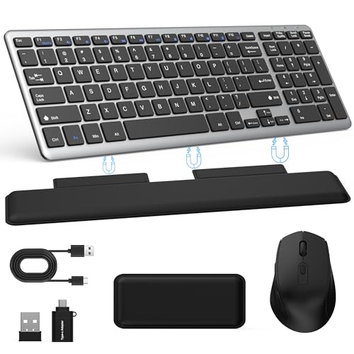 Ultra Slim Quiet Silent Wireless Keyboard and Mouse Combo with Magnetic Wrist Rest, Rechargeable Quiet Full-Size Keyboard and Mouse Combo Set Ultra Slim Design for Computer, Mac, Laptop, PC