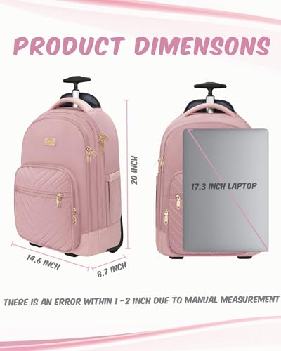 MATEIN Rolling Backpack for Women, 17 Inch Travel Laptop Backpacks with Wheels, Large Carry On Business Luggage Roller Backpack, Waterproof Trolley Suitcase Overnight College Work Computer Bag, Pink | TSA-Friendly Design, Wet Dry separation pocket, Backpa