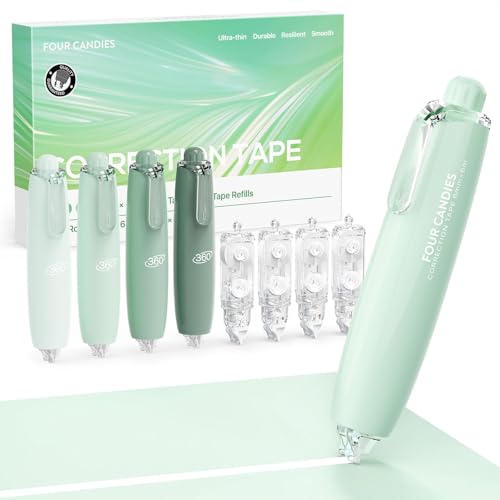 Four Candies Refillable Correction Tape, 4PCS White Tape with 4 Refills | Smooth White Pull-Out Tape for Instant Corrections, Easy to Use Applicator for Office, School Supplies (Green) - color: Green