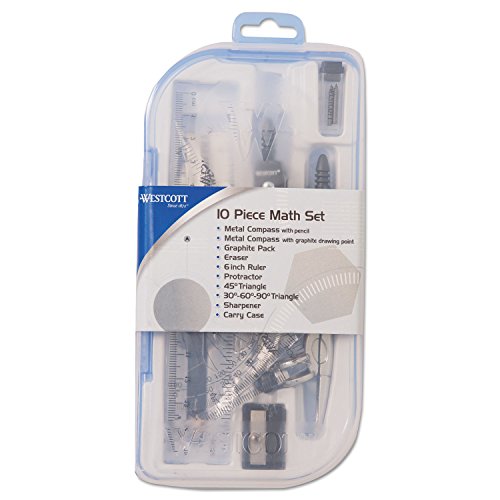 Westcott 10-Piece Math Set for Students, Includes 2 Compasses, Protractor & Ruler, Back to School, Classroom, School Supplies, Geometry Practice, Durable Storage Case