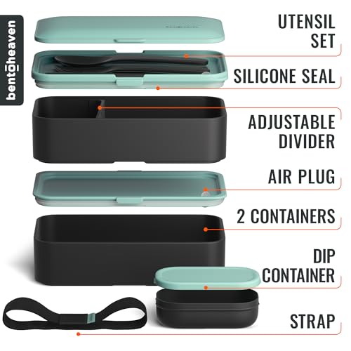 Bentoheaven Bento Box Adult, Stackable Lunch Box, 40 oz, Billie Green | BPA-free, leakproof and microwave-safe with 2 compartments, utensils, chopsticks, divider and sauce cup for men and women. - color: Billie Green