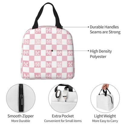Lunch Bag Pink Check Bow Pattern Insulated Lunch Box Cooler Tote for Adults Student Boys Girls Women Men Work Office School Picnic Beach Reusable Lunchbox Over 3 Years Old - color: B0361
